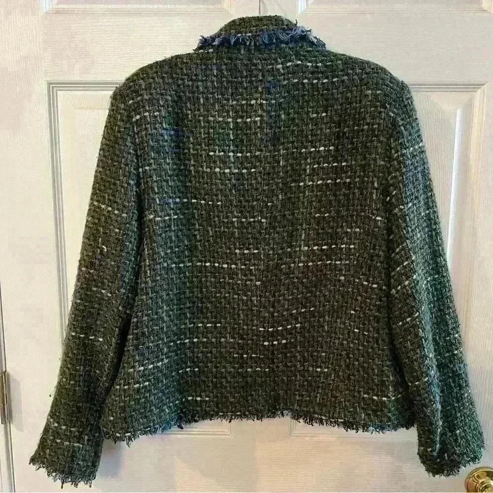 JohnPaulRichard Wool Blend Tweed Open Front Jacket in Black Blue Brown Size 12